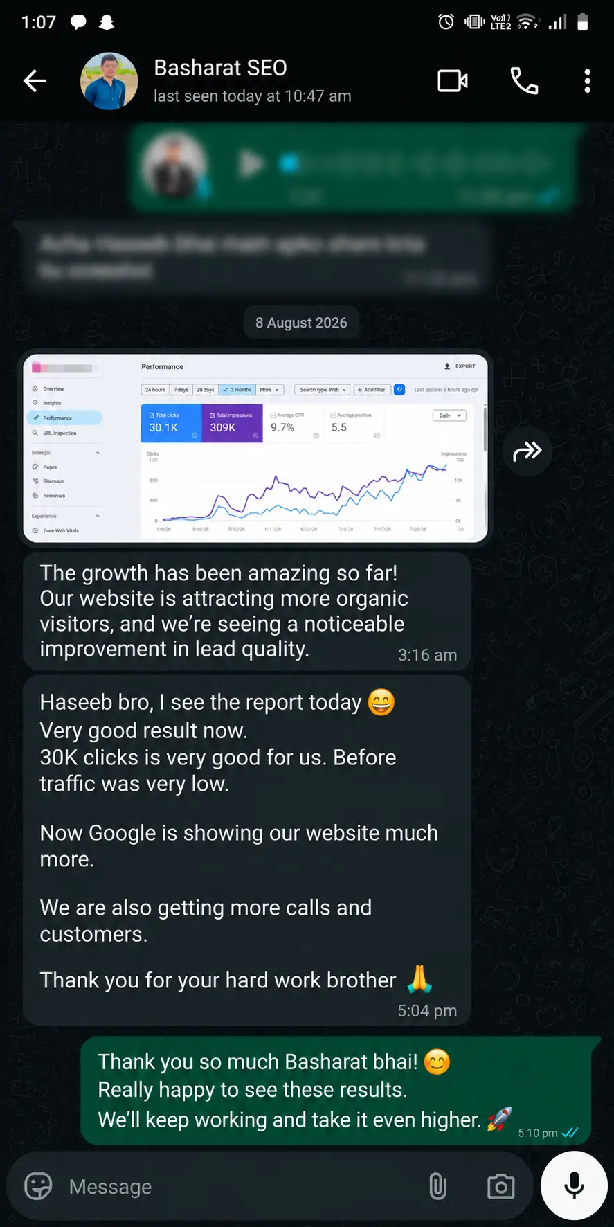 Client organic traffic growth results