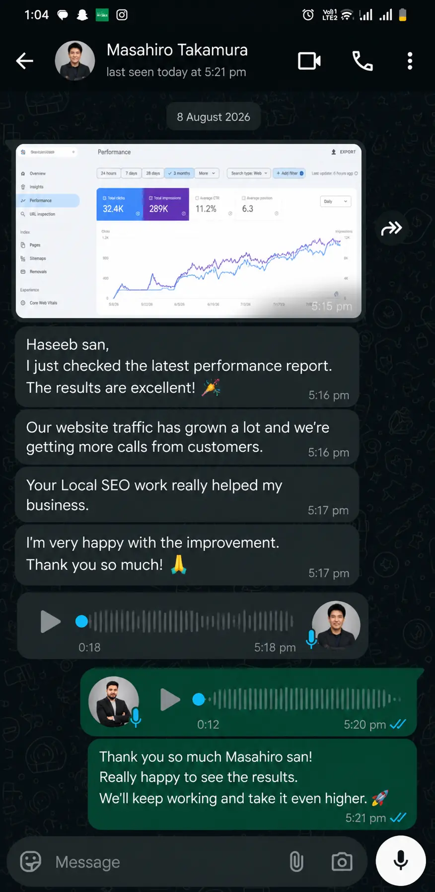 Client WhatsApp testimonial with local SEO ranking results