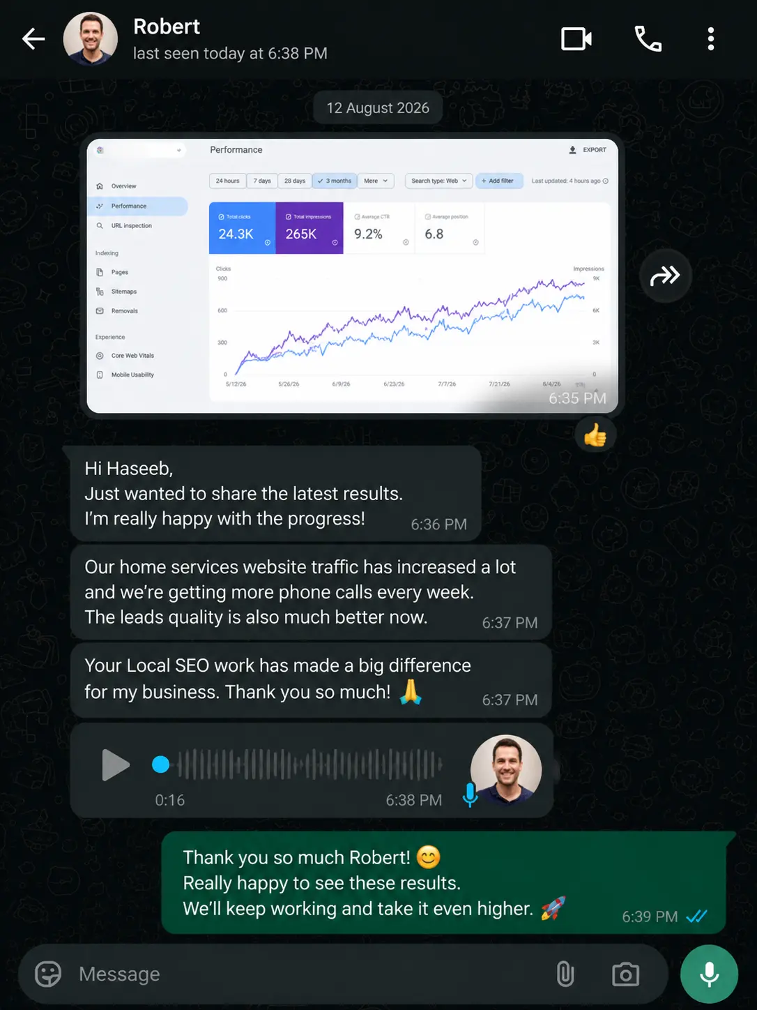 Robert's WhatsApp testimonial with Google Search Console local SEO results for his USA home services business